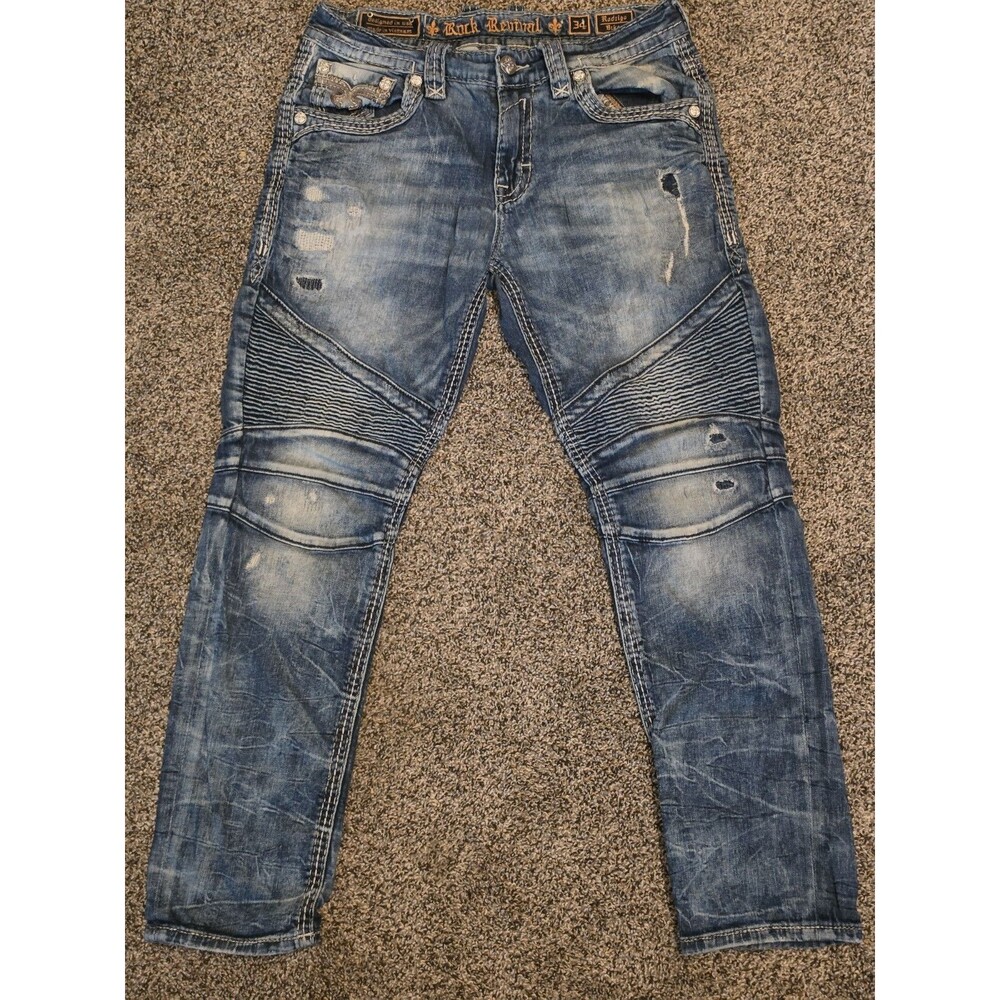 Rock Revival Rodrigo Men 34x30 Biker Moto Straight Thick Stitch Blue Jeans Flap